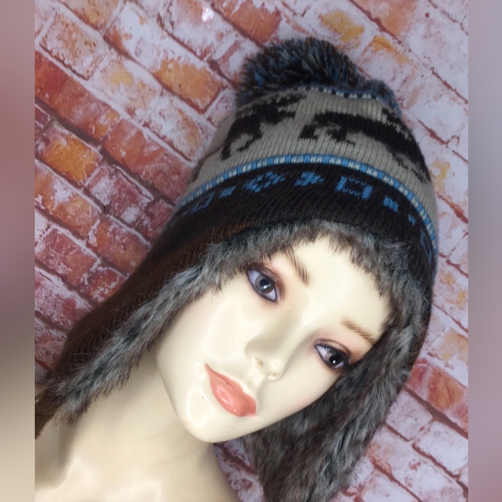 Earth ragz Blue and Brown Nordic Moose Print Winter Beanie